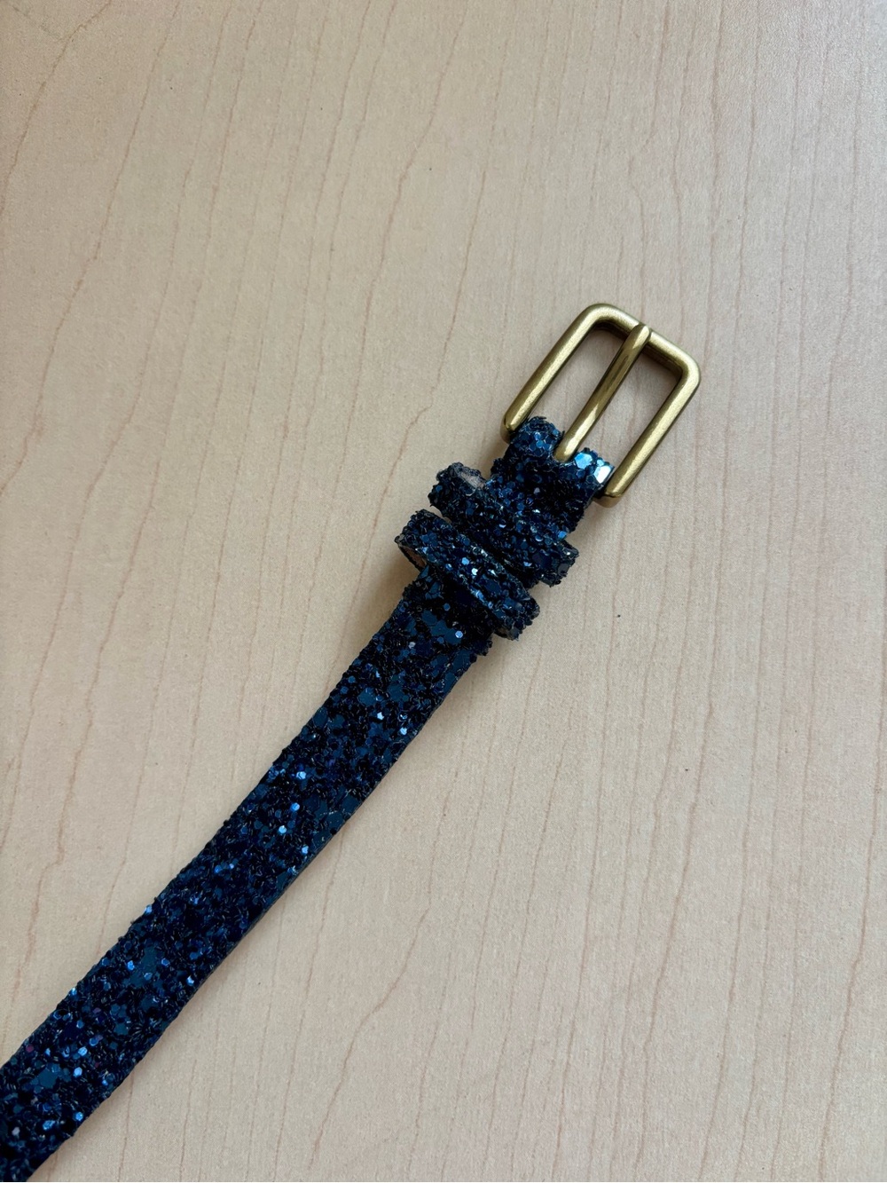 J. Crew | Navy Blue Glitter Genuine Leather Belt, full length 38in w 1/2in, sz M - Picture 2 of 6